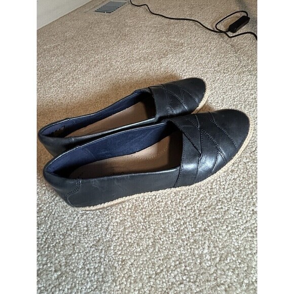 CLARKS 7.5M Danelly Shine Jute Woven Leather Flats Loafer Dark Navy - Picture 4 of 10